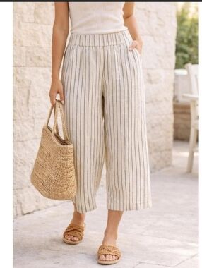 Linen XL Apt. 9 Cream Striped Wide-Leg Pants Pockets Flat Front Coastal Plus